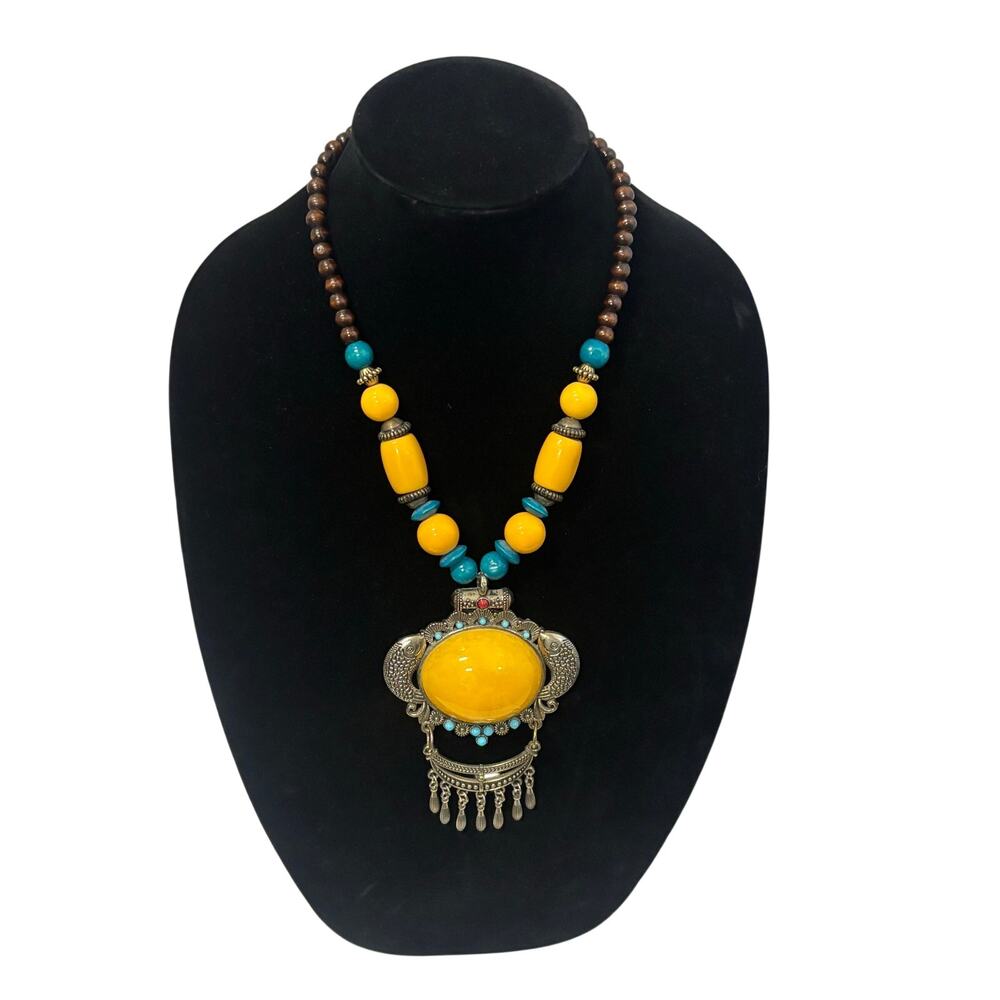 Boho Statement Necklace Yellow Cabochon Blue Beads Fish Pendant 20" Mixed Metal